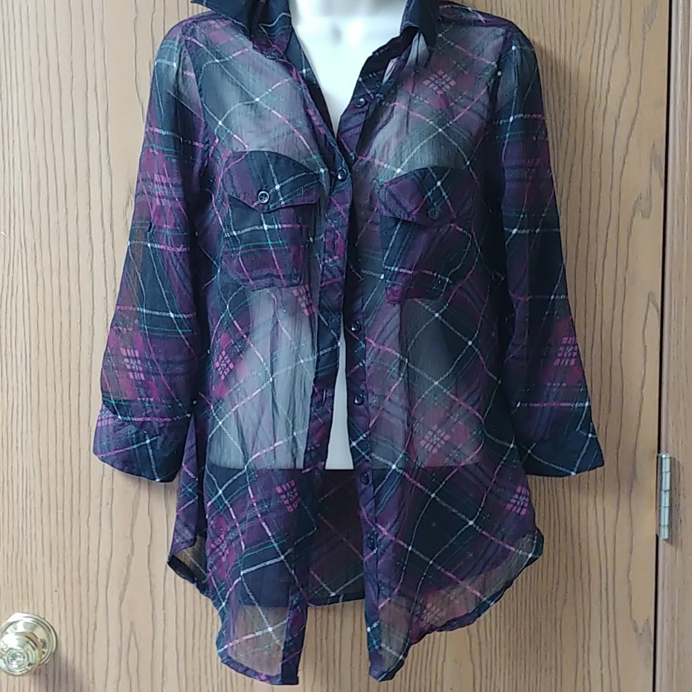 Sheer Plaid Button Up, 3/4 Sleeve